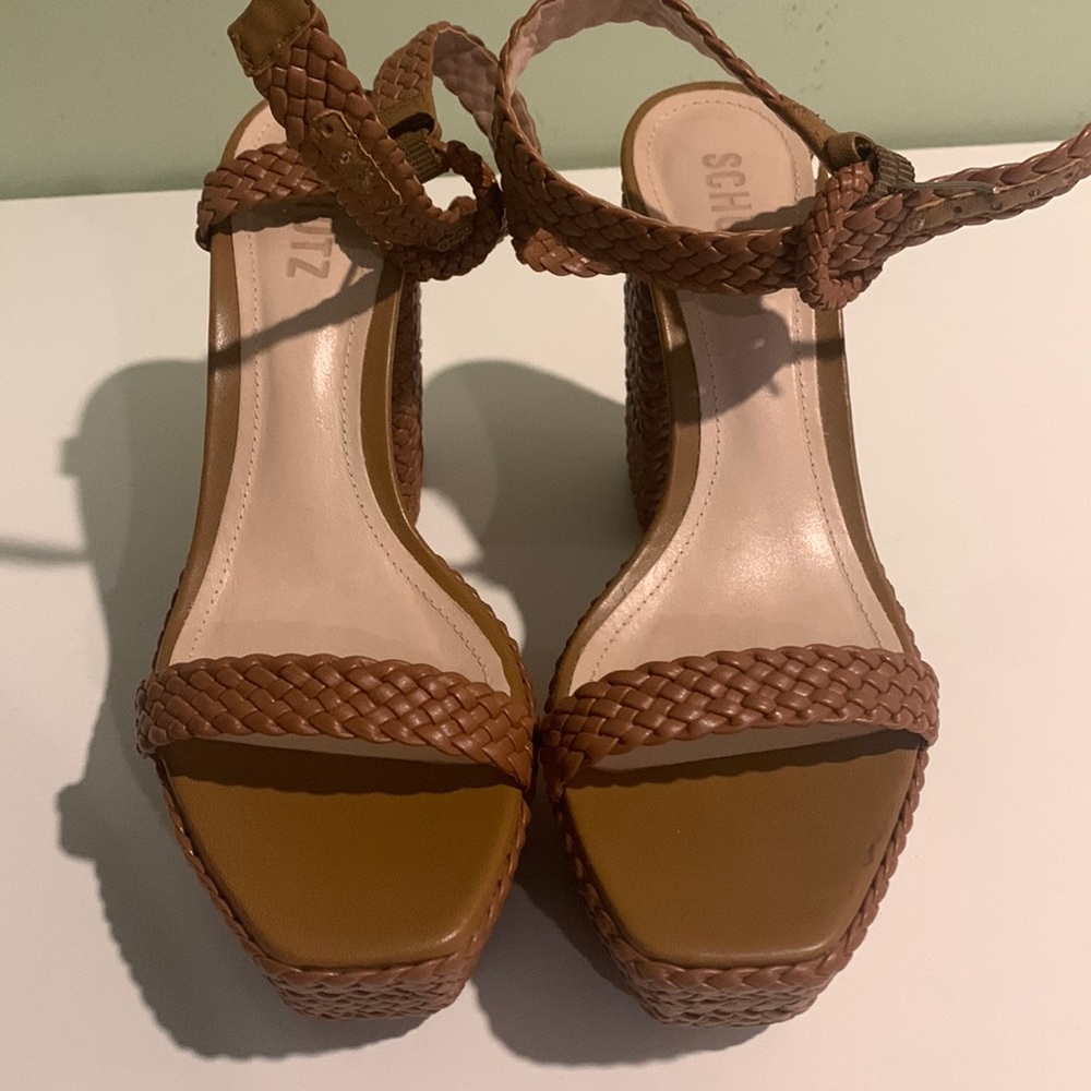 Schutz platform wedges taupe braided